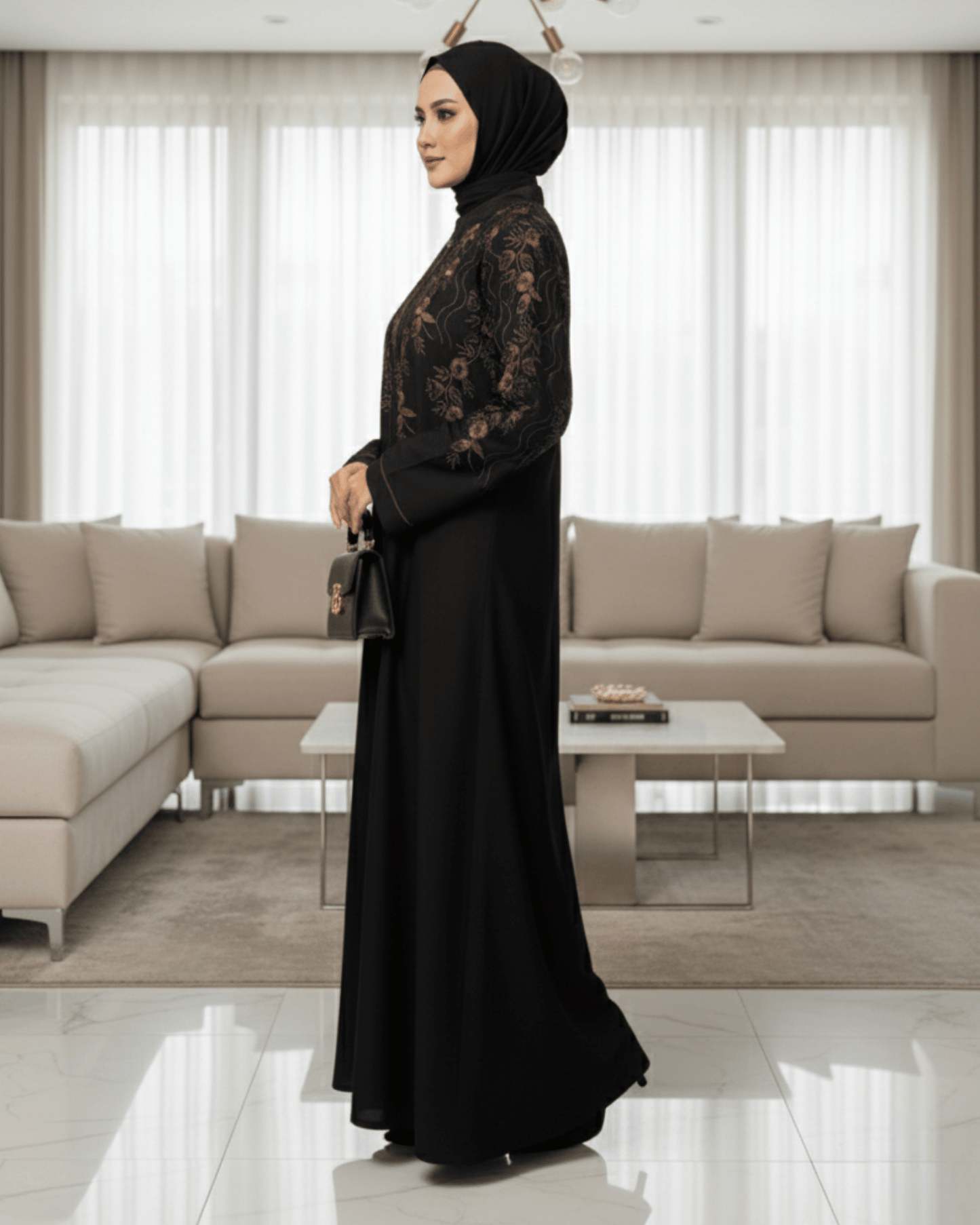 Premium Black Nida Abaya with Computerized Embroidery | Front Closed with Piping | Modest Wear for Casual & Party Use