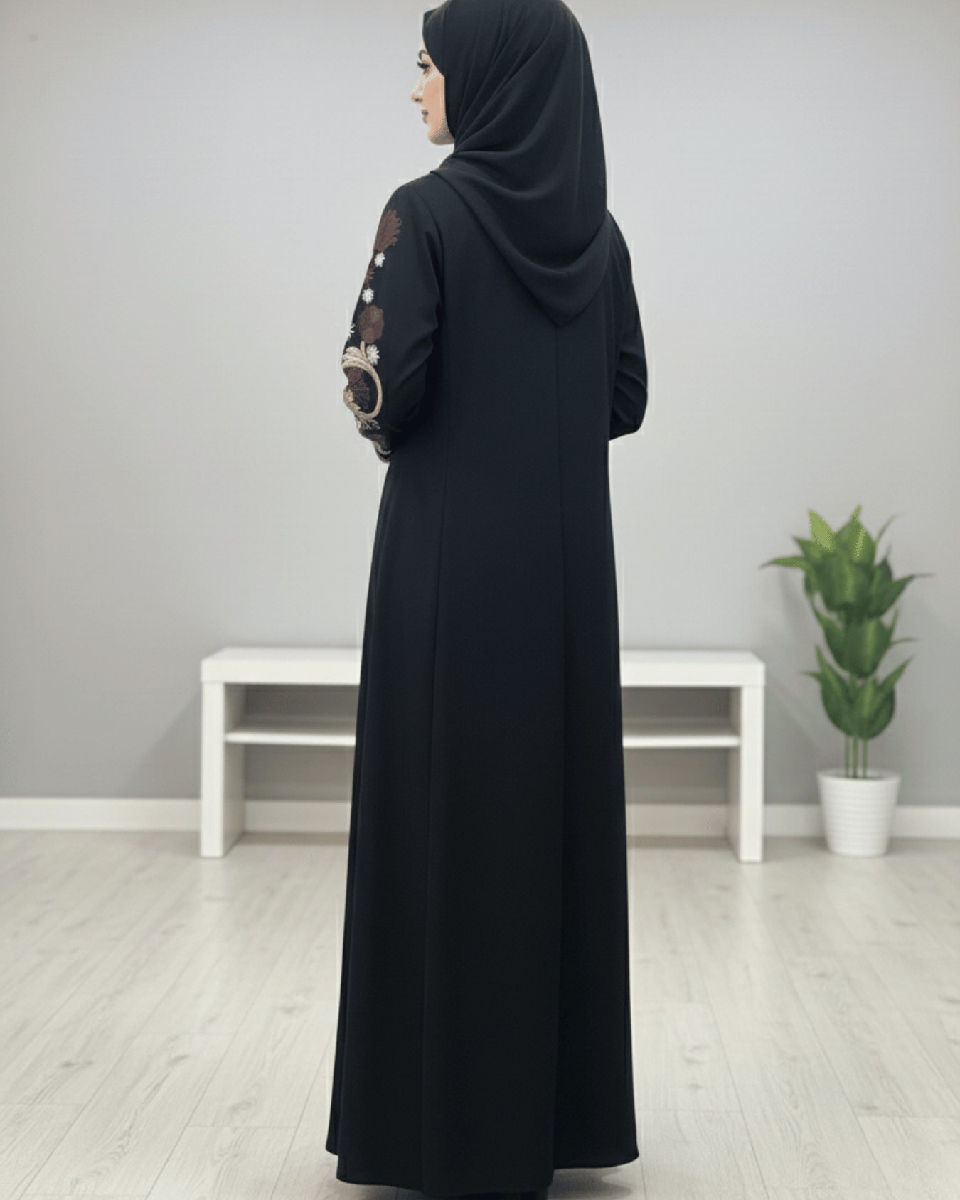 Black Nida Abaya with Full Computerized Embroidered Sleeves & Pintux Front Design