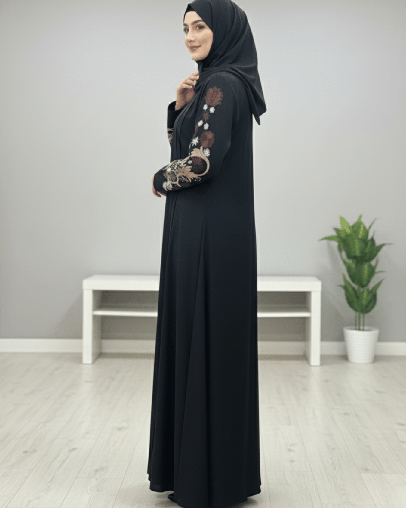 Black Nida Abaya with Full Computerized Embroidered Sleeves & Pintux Front Design