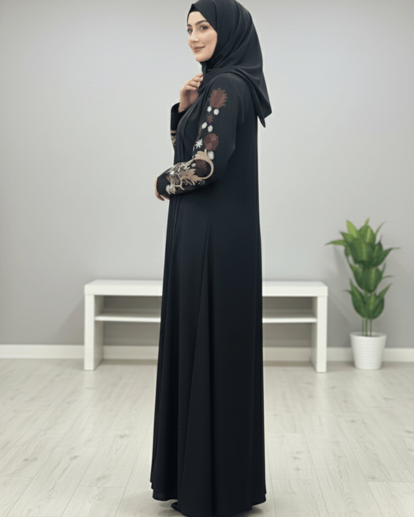 Black Nida Abaya with Full Computerized Embroidered Sleeves & Pintux Front Design
