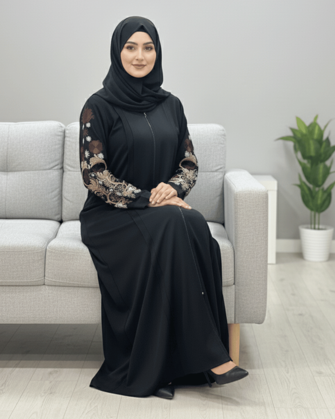 Black Nida Abaya with Full Computerized Embroidered Sleeves & Pintux Front Design
