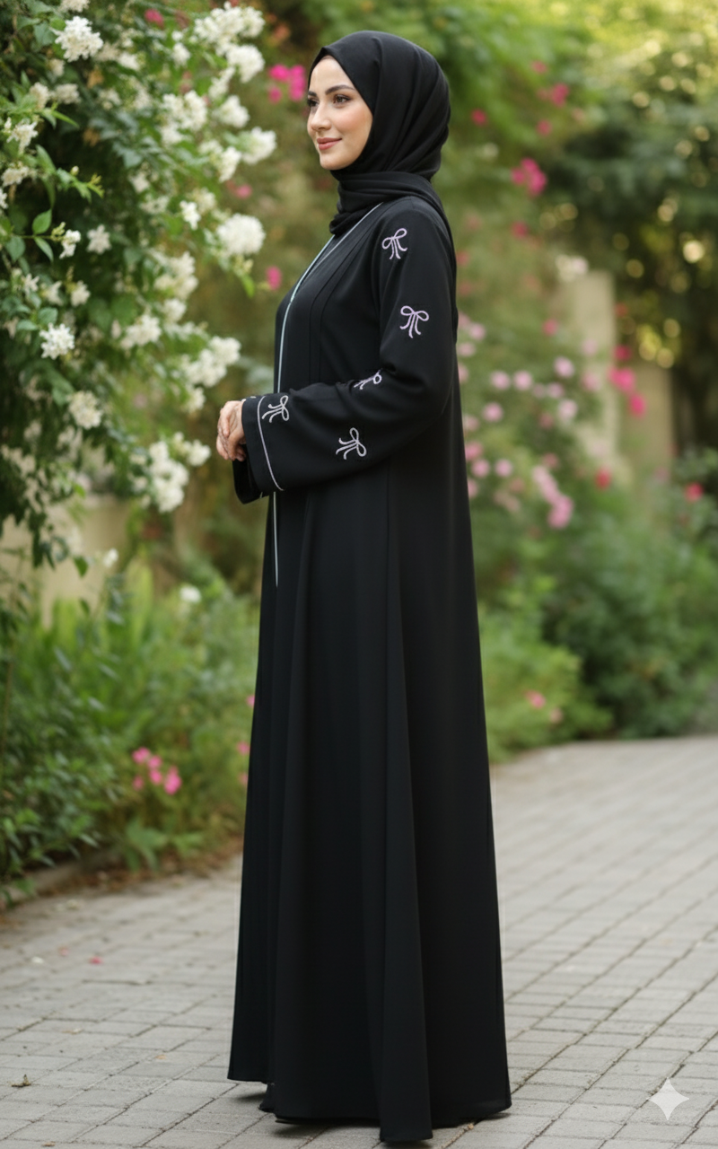 Premium Black Abaya with Elegant Bow Embroidery on Sleeves