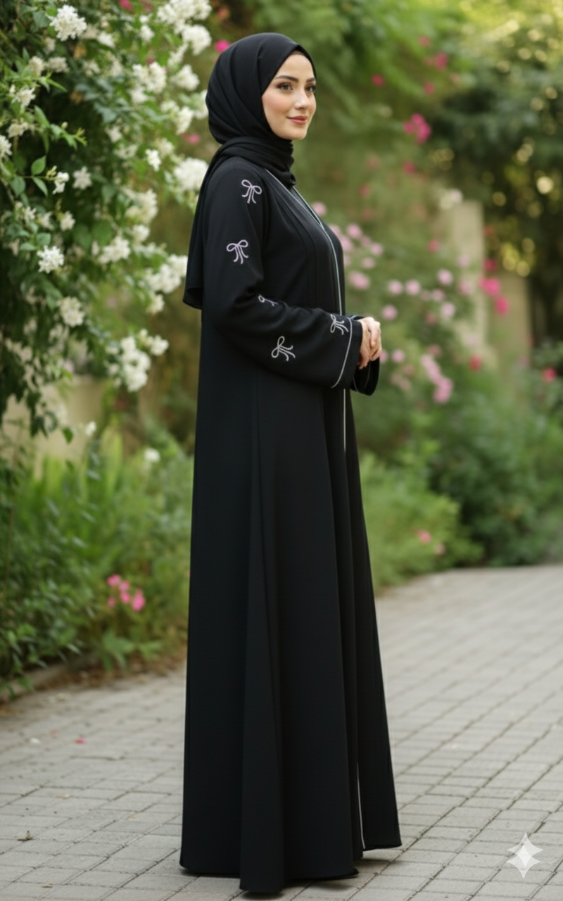 Premium Black Abaya with Elegant Bow Embroidery on Sleeves