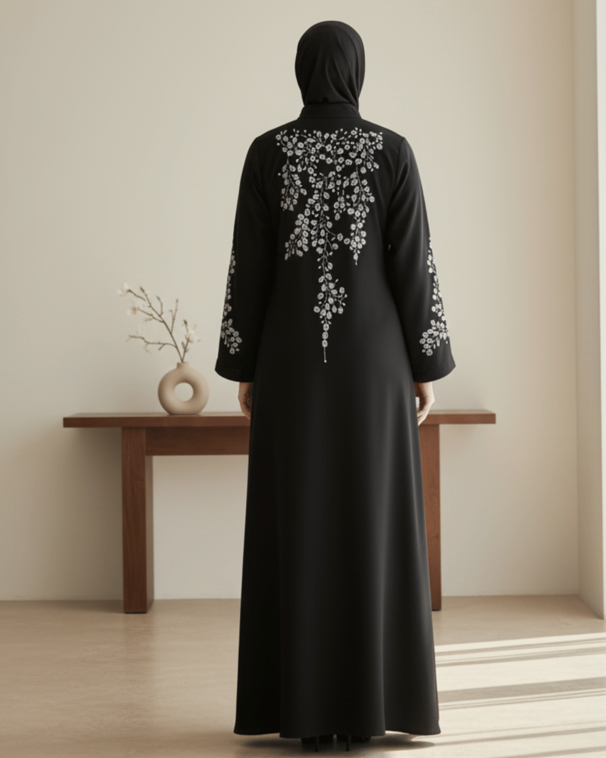 Black Abaya with White Floral Embroidery | Closed Front Modest Wear for Women