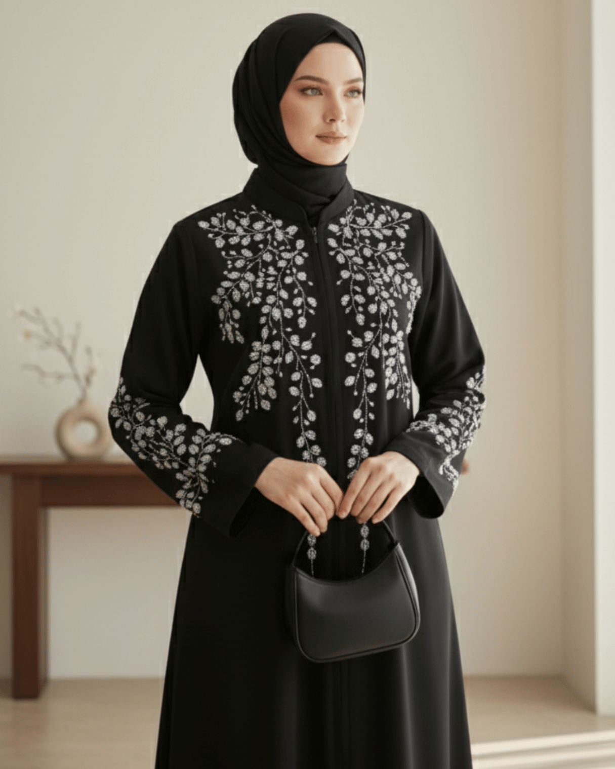 Black Abaya with White Floral Embroidery | Closed Front Modest Wear for Women