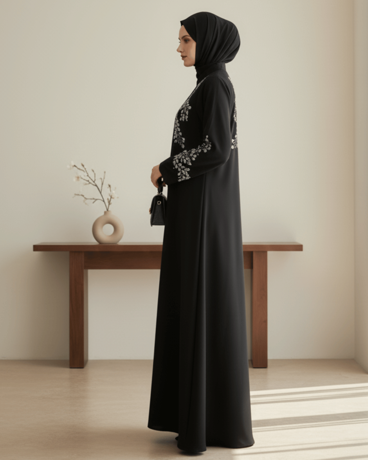 Black Abaya with White Floral Embroidery | Closed Front Modest Wear for Women