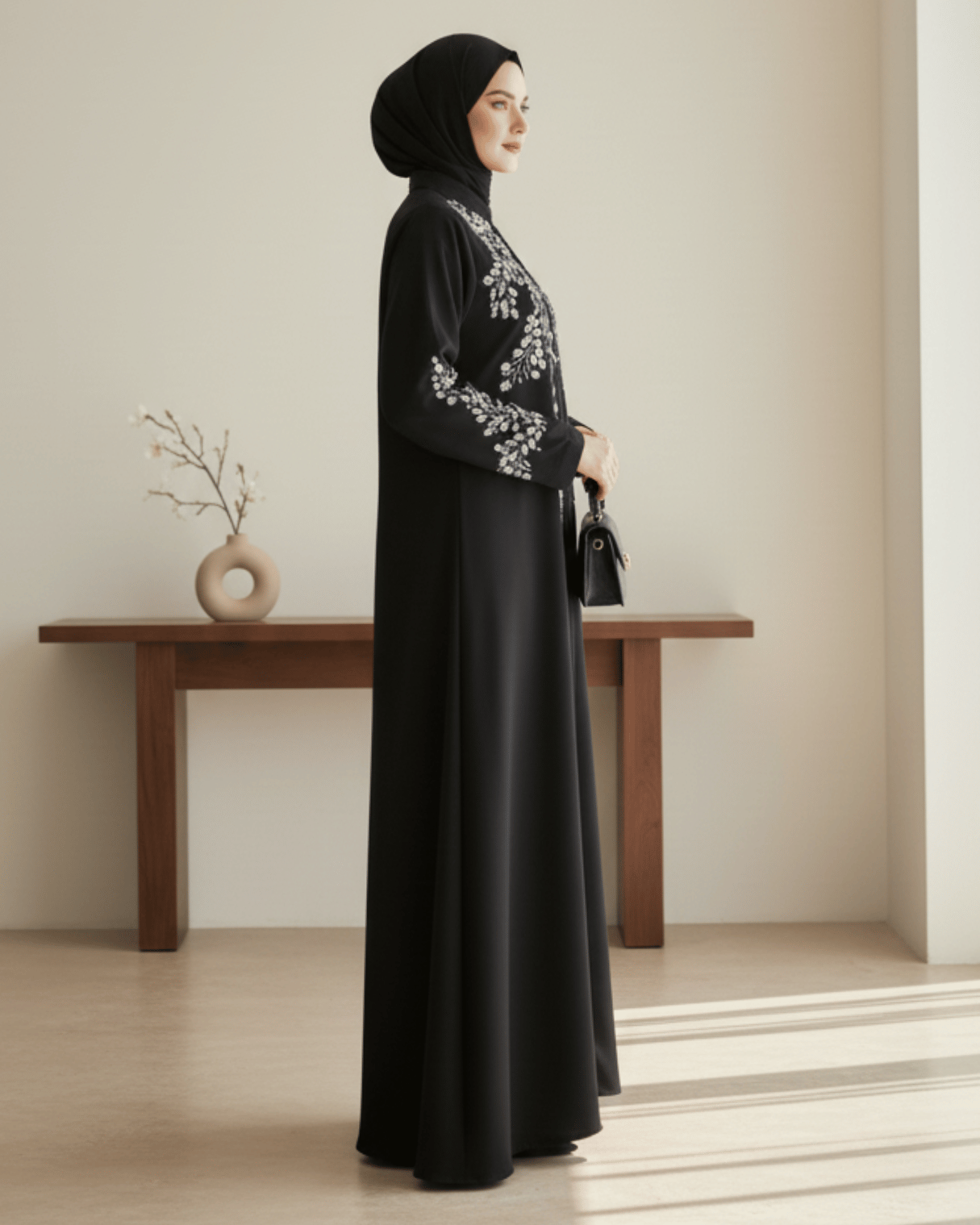 Black Abaya with White Floral Embroidery | Closed Front Modest Wear for Women