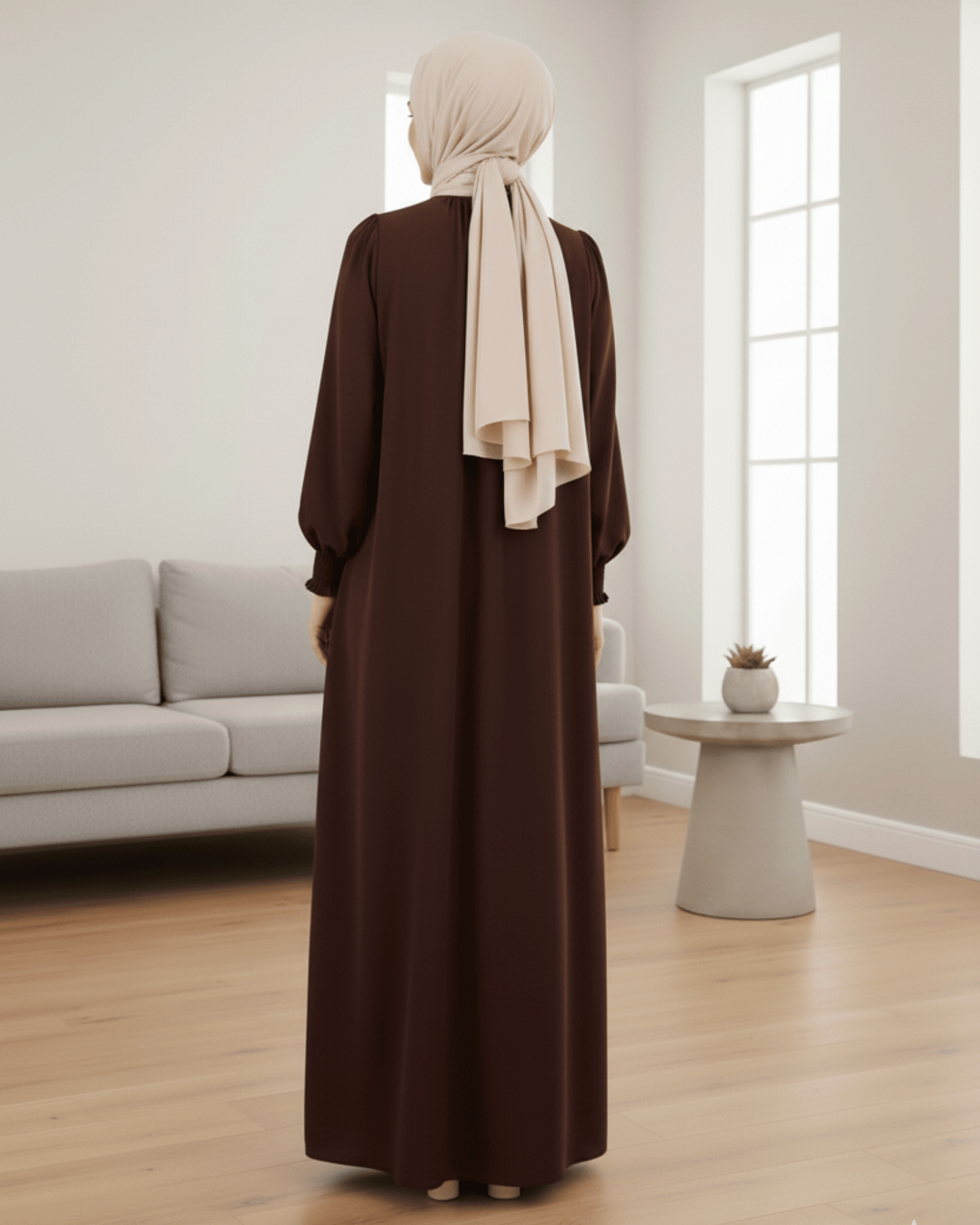 Chocolate Brown Abaya – Pleated Neck Design with Smoked Sleeves & Dual Pockets