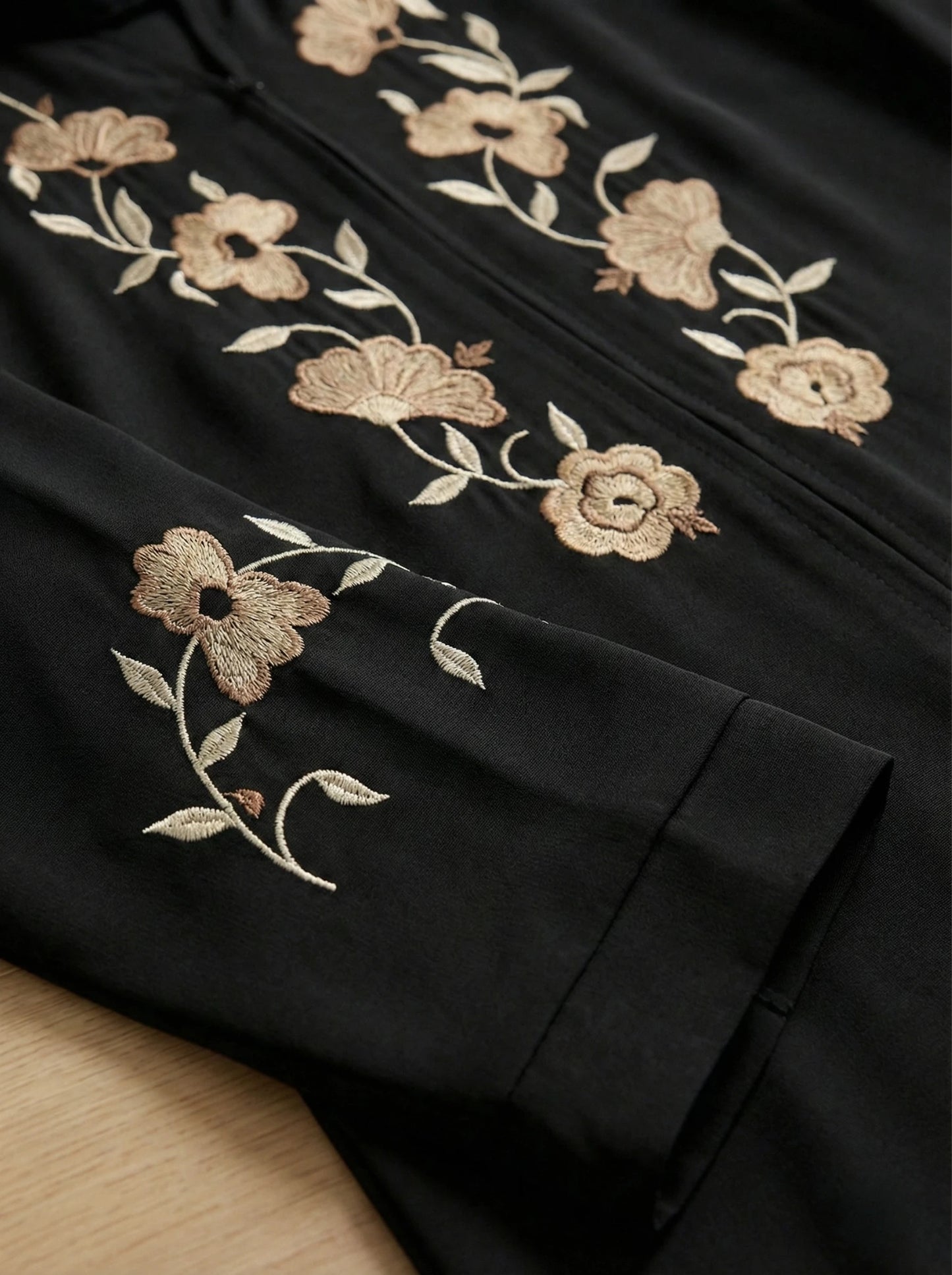 Black Nida Abaya with Golden Floral Embroidery