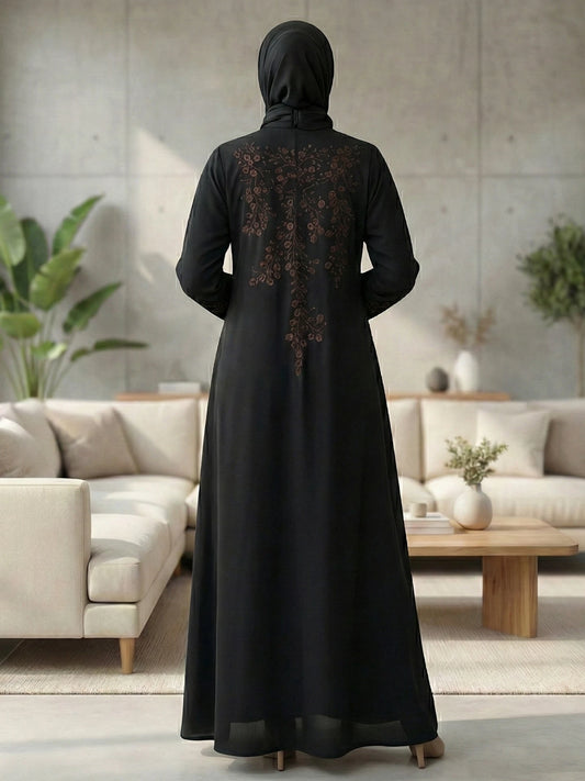 Imported Nida Balck Abaya with maroon embroidery