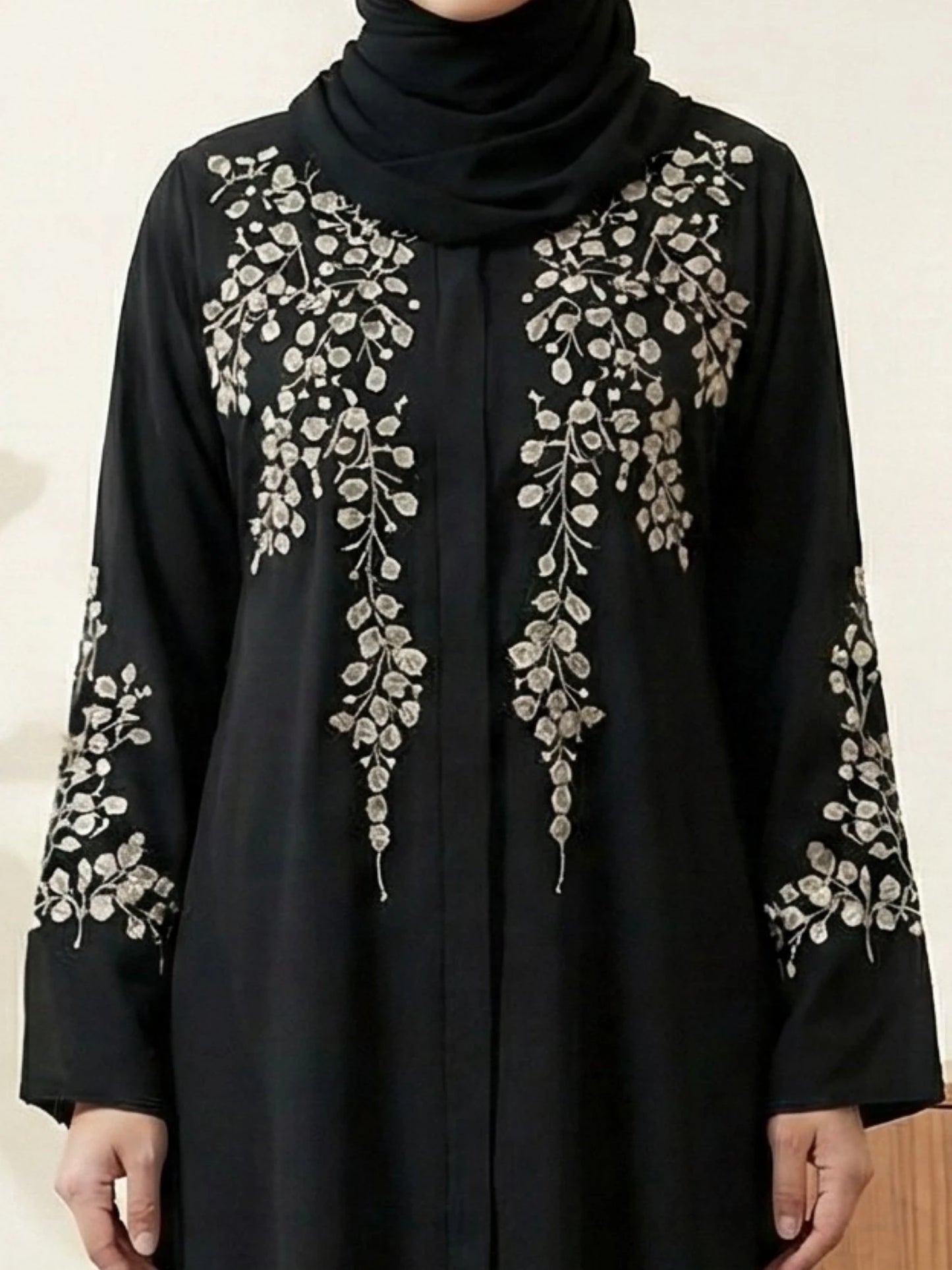 Imported Nida Black Abaya with white embroidery