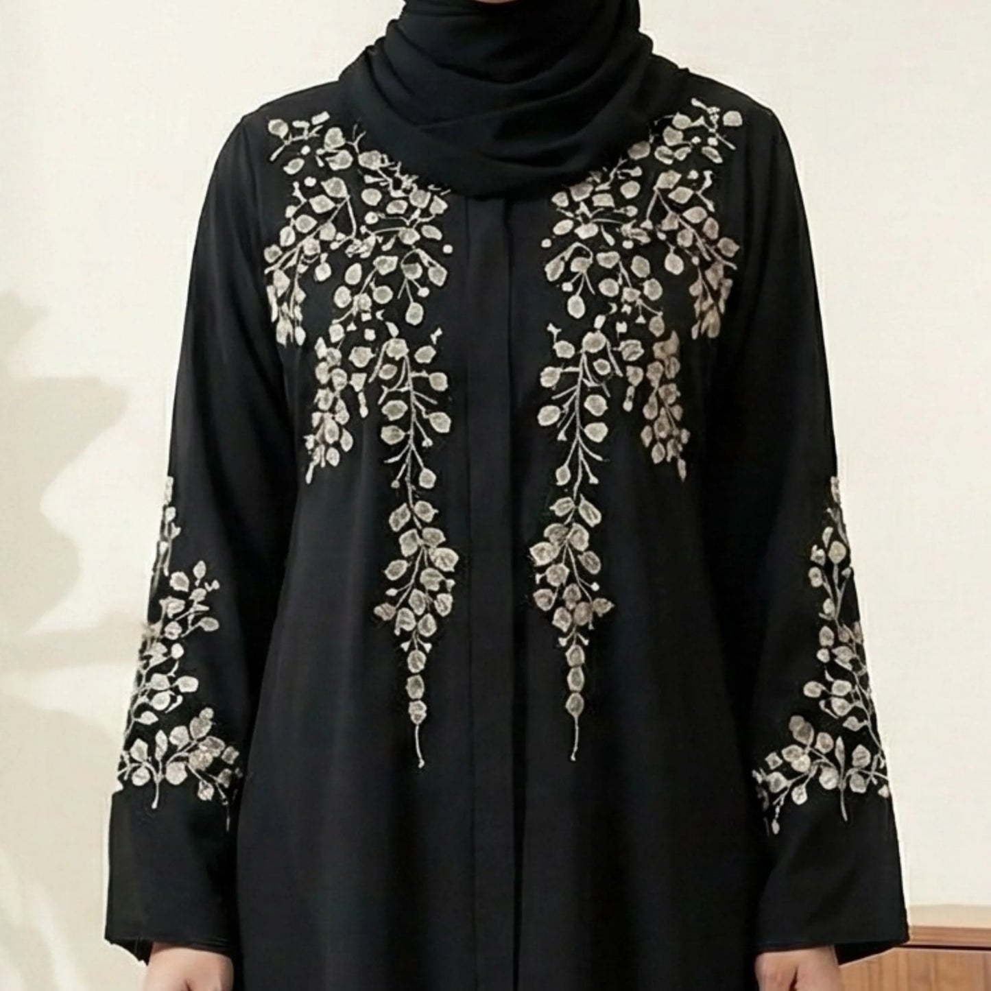 Imported Nida Balck Abaya with beige thread embroidery