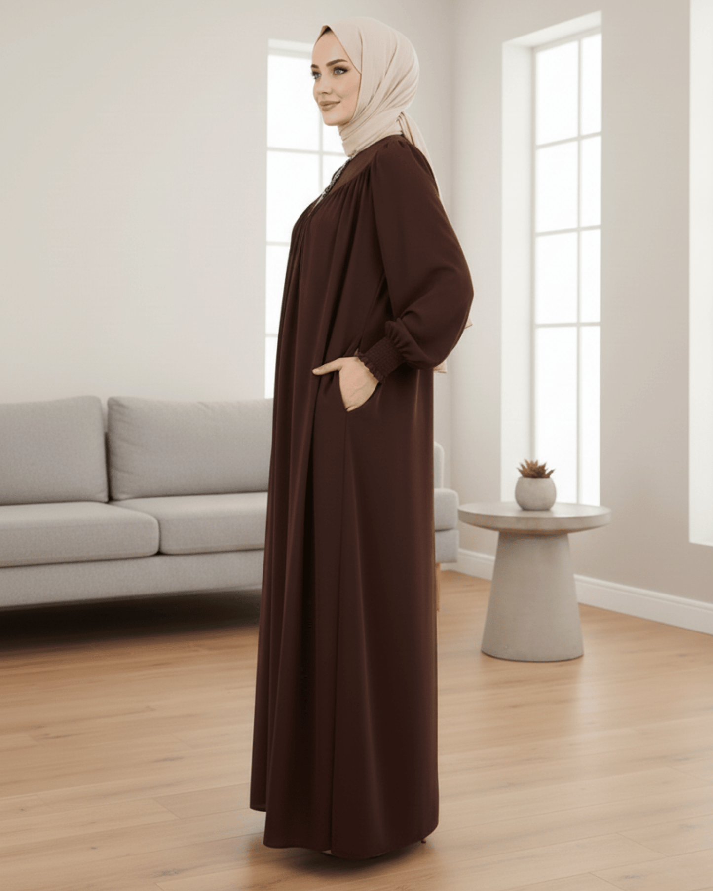 Chocolate Brown Abaya – Pleated Neck Design with Smoked Sleeves & Dual Pockets