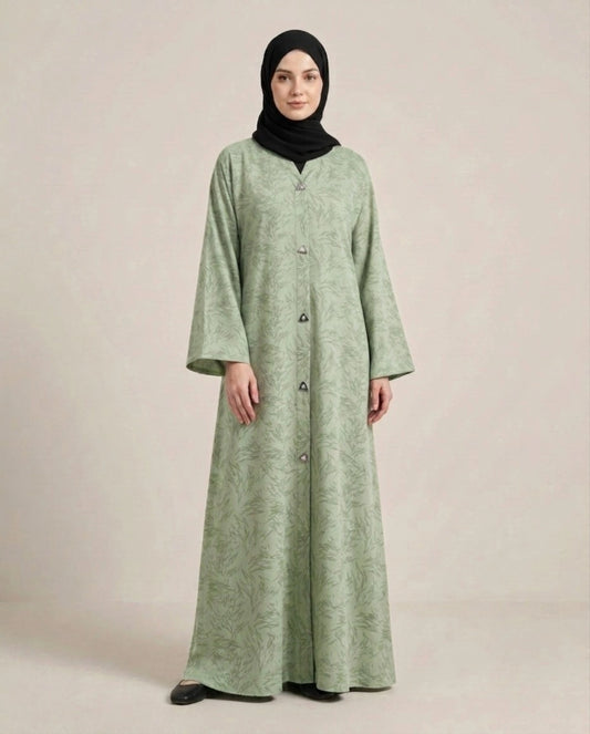 Imported Majestic Printed Green Abaya - Front Open