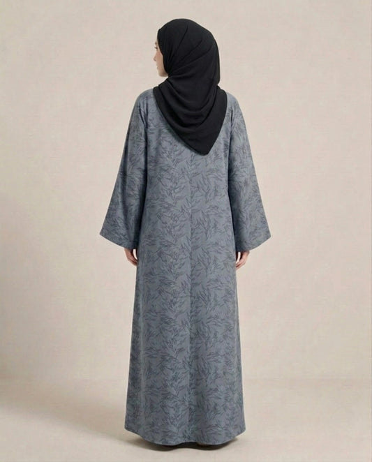 Imported Majestic Printed Light Grey Abaya - Front Open