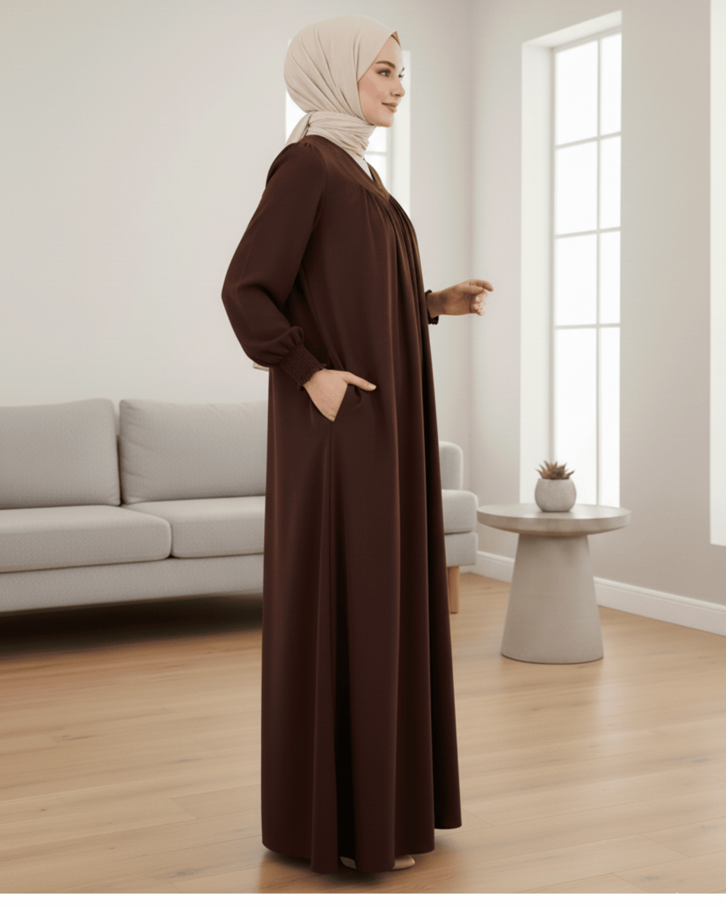 Chocolate Brown Abaya – Pleated Neck Design with Smoked Sleeves & Dual Pockets