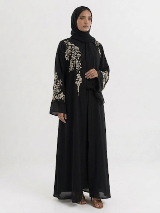 Imported Nida Black Abaya with white embroidery
