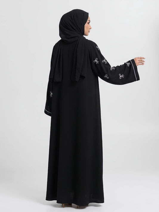 Black Abaya with Bow Embroidery on Sleeves