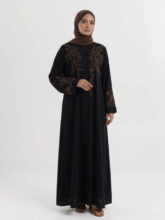 Imported Nida Balck Abaya with maroon embroidery