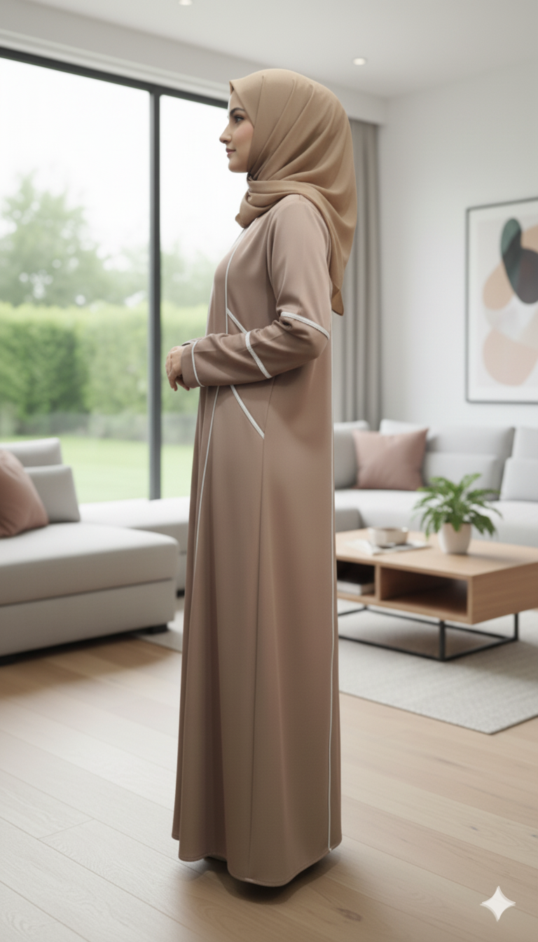 Stylish Tiktok front closed abaya with white piping