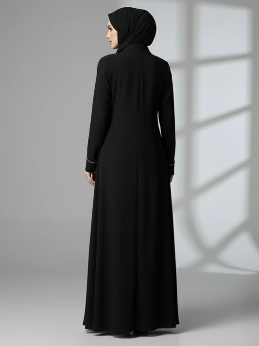 Black Abaya with Beige Piping and Full Zipper
