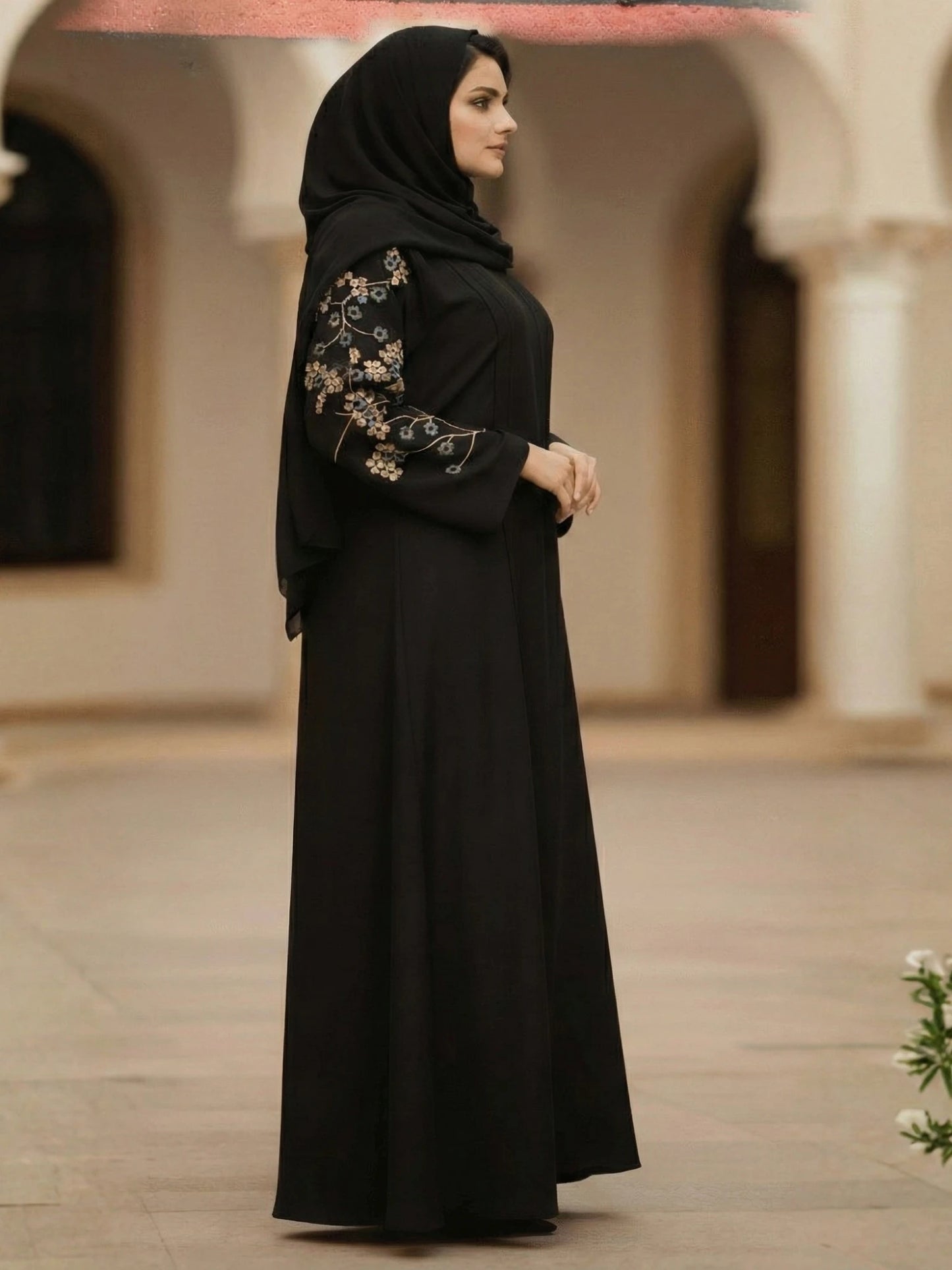 Black Nida Abaya with Floral Embroidery on Sleeves & Back