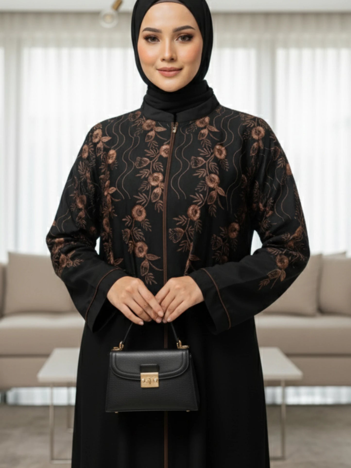 Black Nida Abaya with Computerized Embroidery