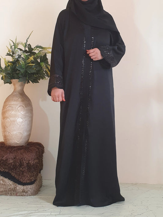 Black Beaded Sleeves Abaya - Imported Tiktok - Front Open