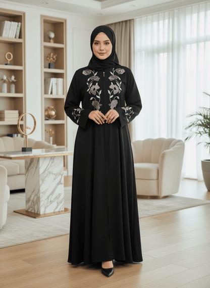 Elegant Black Imported Nida Abaya with Floral Embroidery