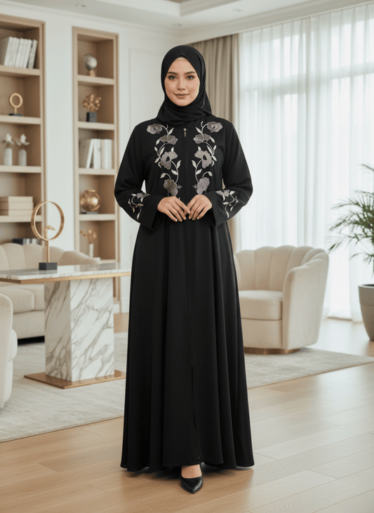 Elegant Black Imported Nida Abaya with Floral Embroidery