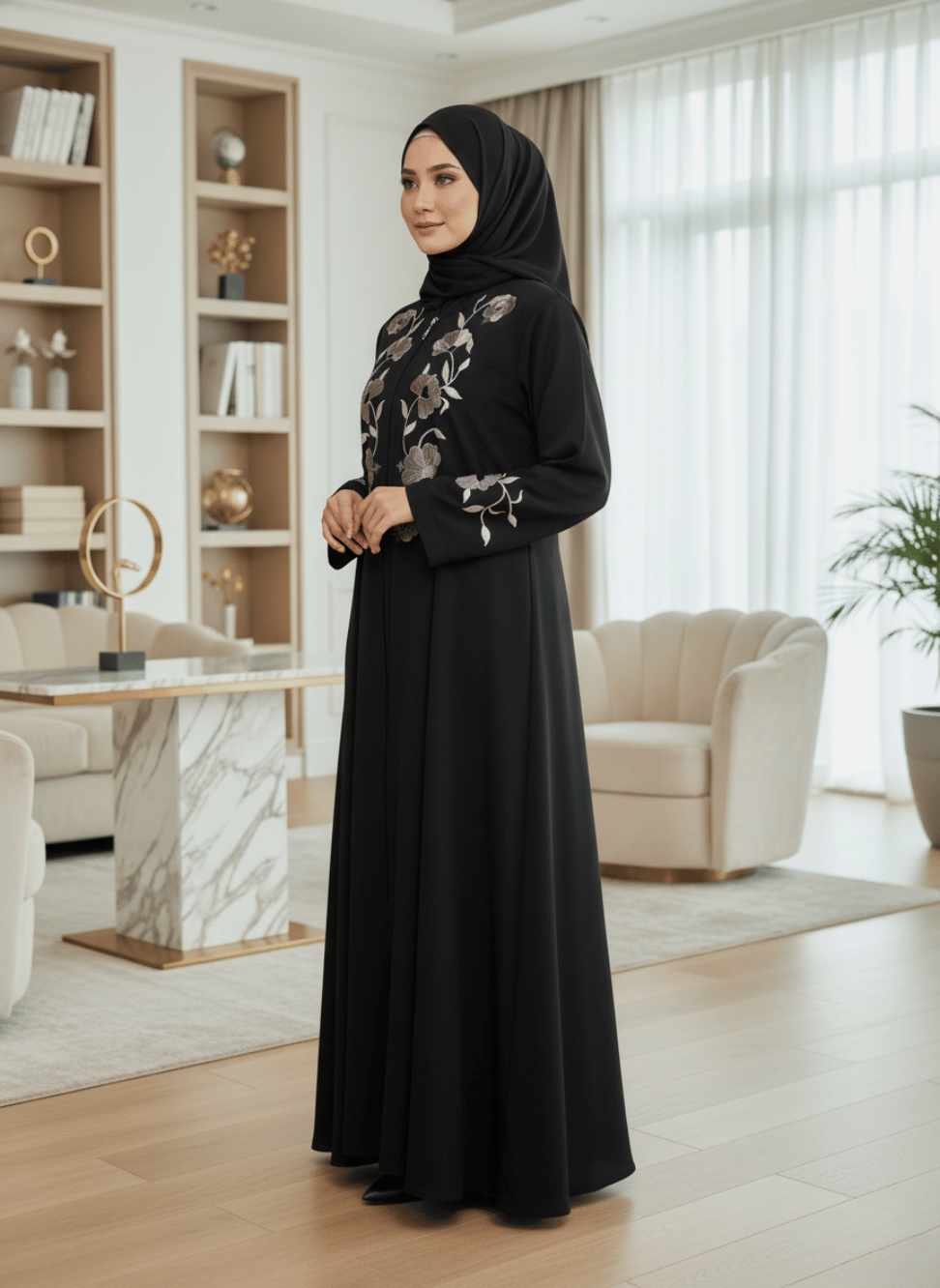 Elegant Black Imported Nida Abaya with Floral Embroidery