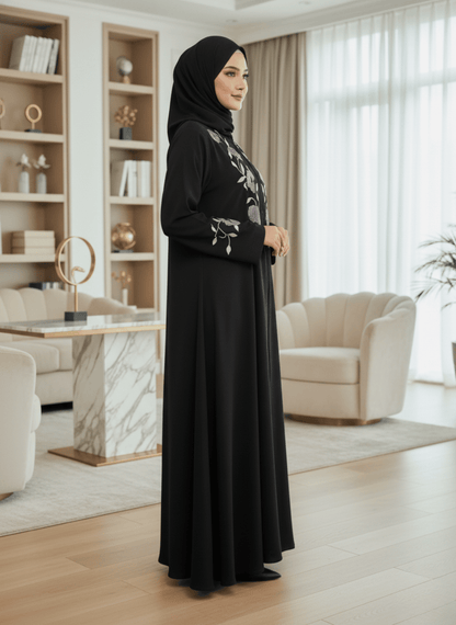 Elegant Black Imported Nida Abaya with Floral Embroidery