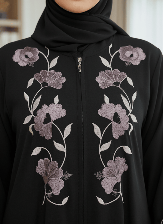 Elegant Black Imported Nida Abaya with Floral Embroidery