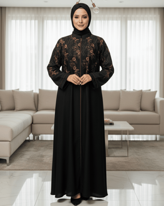 Premium Black Nida Abaya with Computerized Embroidery | Front Closed with Piping | Modest Wear for Casual & Party Use