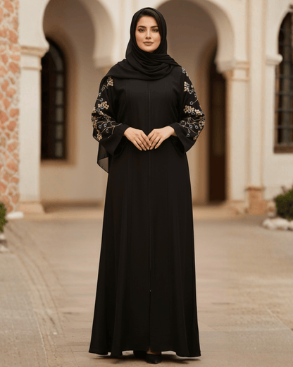 Jet Black Nida Abaya with Floral Embroidery on Sleeves & Back