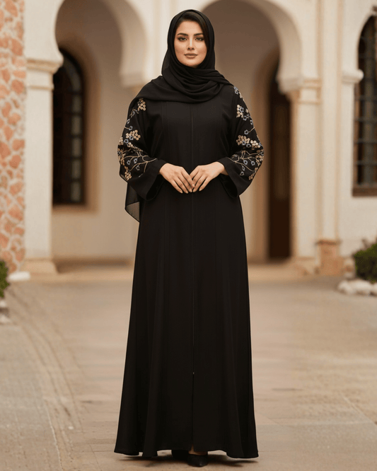 Jet Black Nida Abaya with Floral Embroidery on Sleeves & Back
