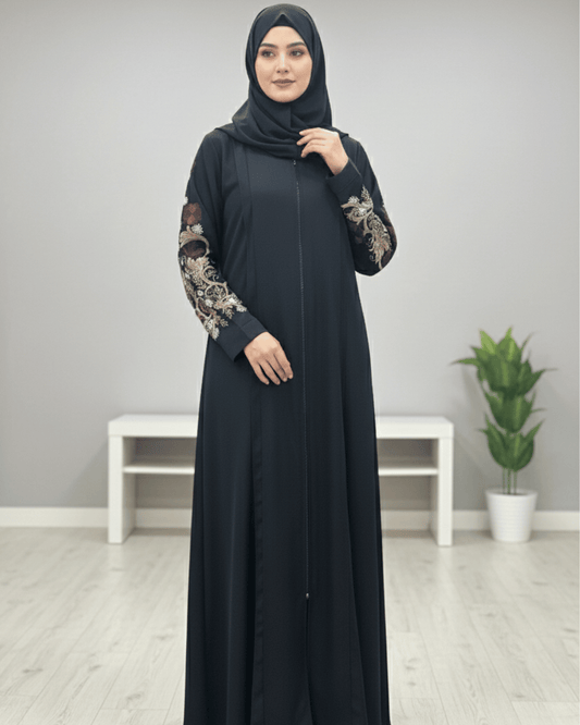 Black Nida Abaya with Full Computerized Embroidered Sleeves & Pintux Front Design
