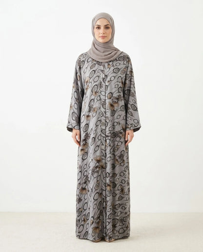 Imported Foil Print Self-Design Abaya - Front Open