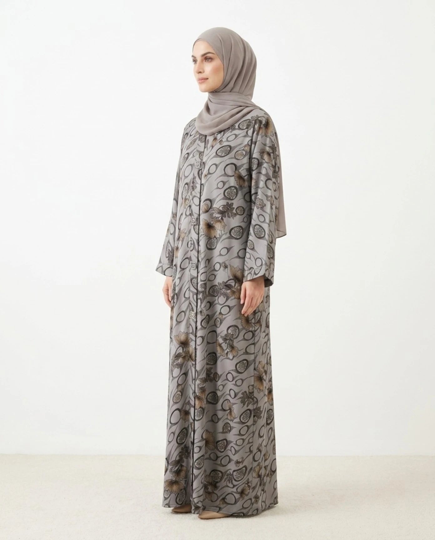 Imported Foil Print Self-Design Abaya - Front Open