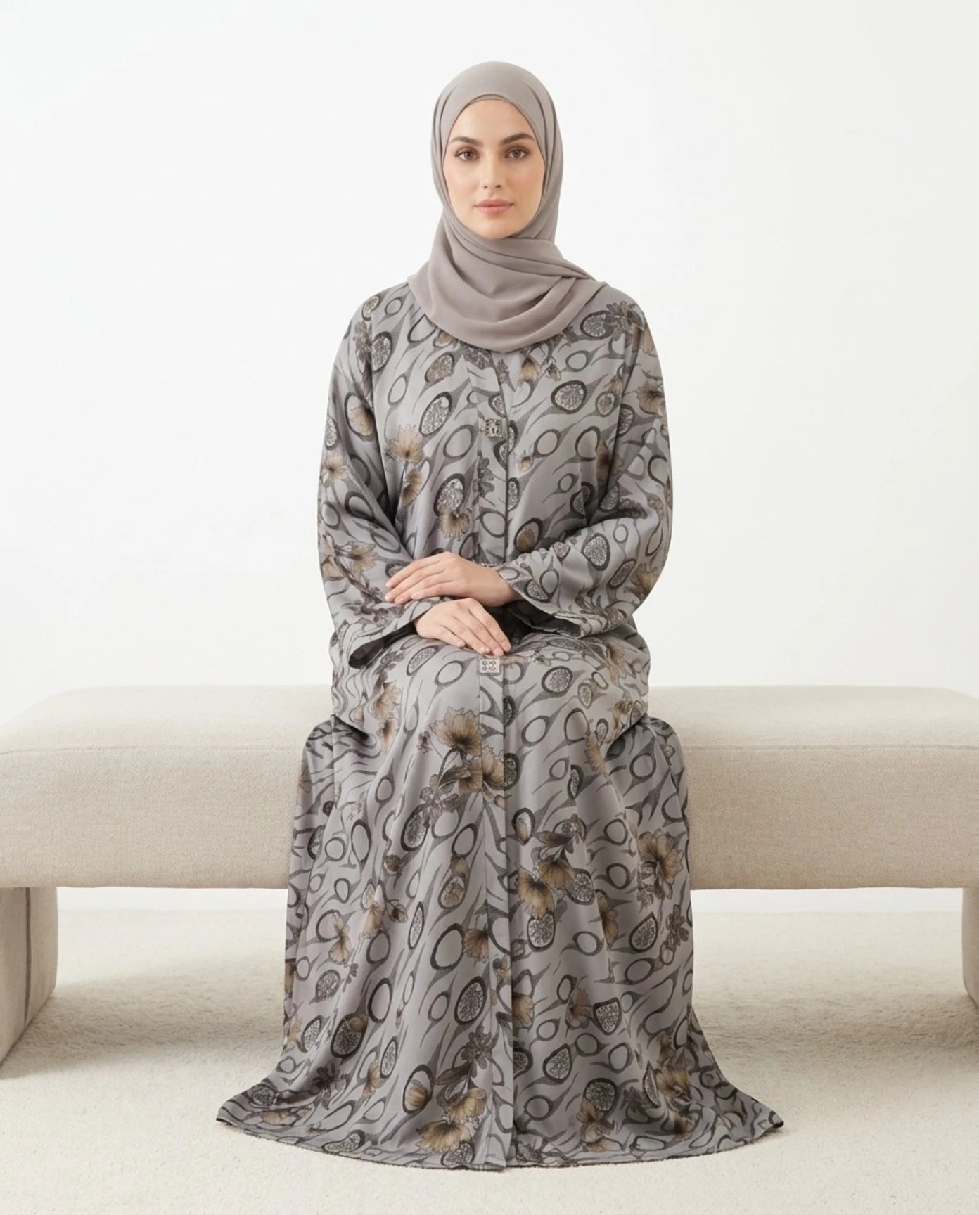 Imported Foil Print Self-Design Abaya - Front Open