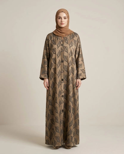 Imported Magestic Printed Brown Abaya - Front Open