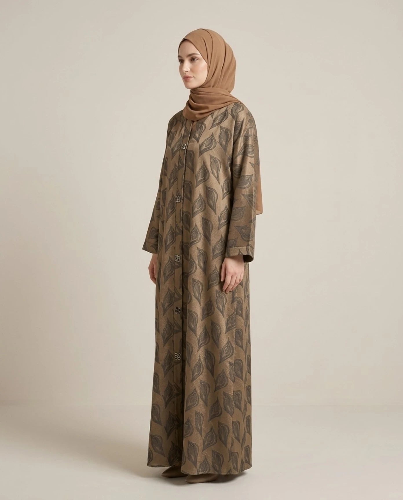 Imported Magestic Printed Brown Abaya - Front Open