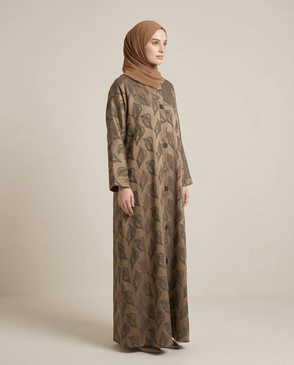 Imported Magestic Printed Brown Abaya - Front Open