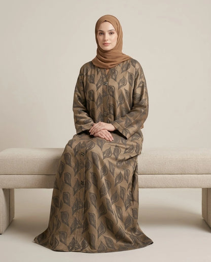 Imported Magestic Printed Brown Abaya - Front Open