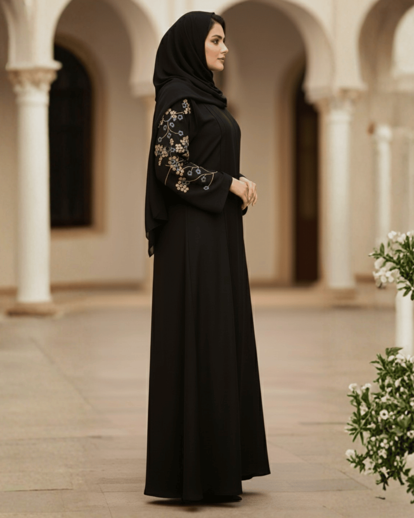 Jet Black Nida Abaya with Floral Embroidery on Sleeves & Back