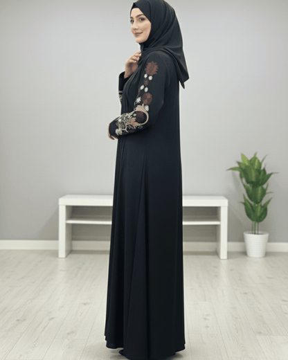 Black Nida Abaya with Full Computerized Embroidered Sleeves & Pintux Front Design