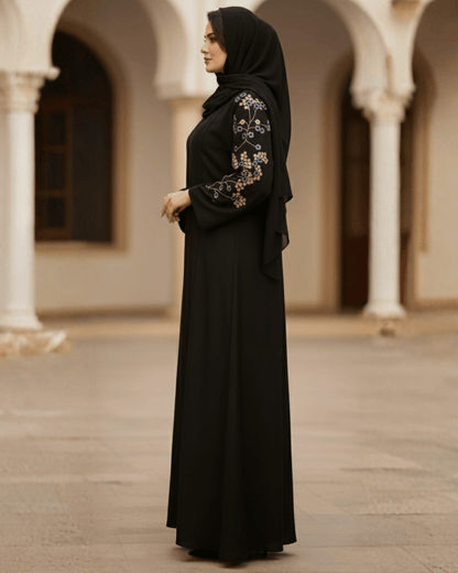 Jet Black Nida Abaya with Floral Embroidery on Sleeves & Back