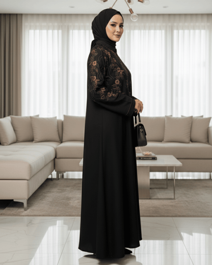 Premium Black Nida Abaya with Computerized Embroidery | Front Closed with Piping | Modest Wear for Casual & Party Use