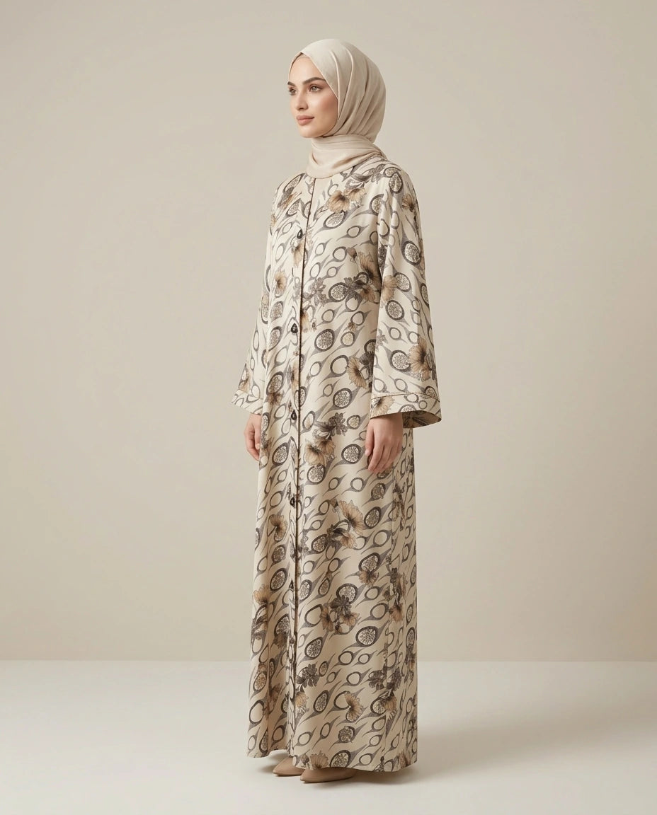 Imported Foil Light Color Jacquard Abaya - Front Open
