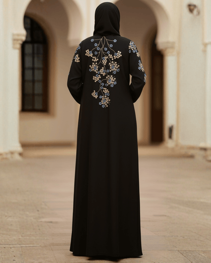 Jet Black Nida Abaya with Floral Embroidery on Sleeves & Back